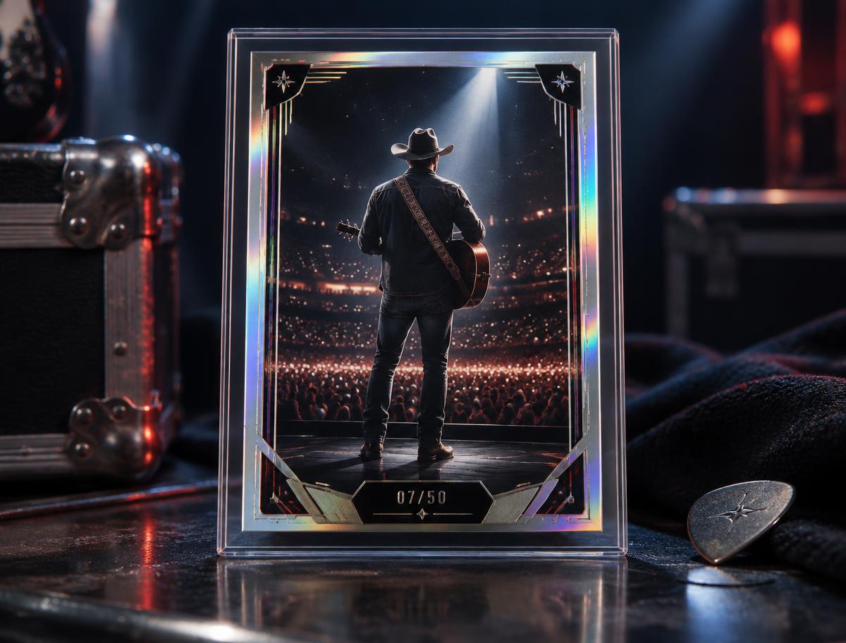 Custom country music trading card numbered 03/25 in a clear slab on a Nashville honky-tonk bar, showing a country singer with an acoustic guitar